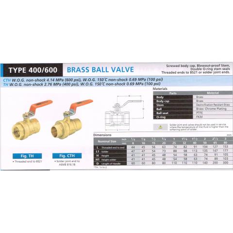 BRASS BALL VALVE 400 600 TH CTH