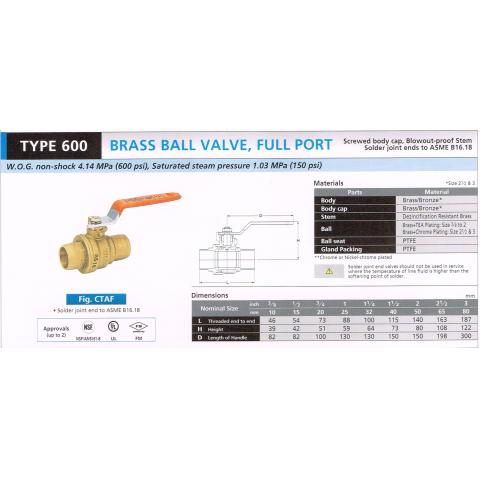 BRASS BALL VALVE FULL PORT 600 CTAF