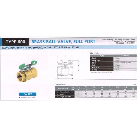 BRASS BALL VALVE FULL PORT 600 ZET