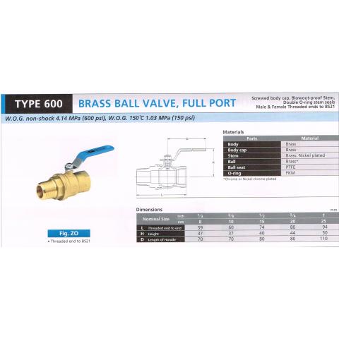 BRASS BALL VALVE FULL PORT 600 ZO