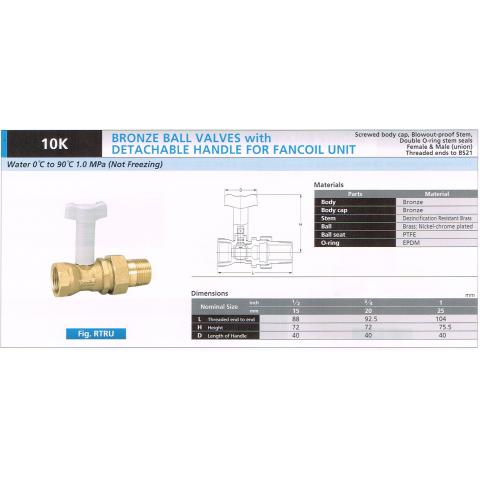 BRONZE BALL VALVE DETACHABLE HANDLE FOR FANCOIL UNIT FOR 10K RTRU