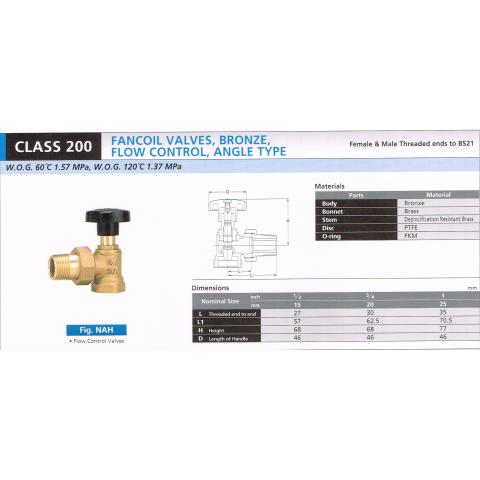 FANCOIL VALVES BRONZE FLOW CONTROL ANGLE 200 NAH