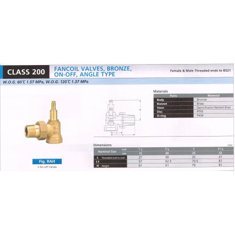 FANCOIL VALVES BRONZE ON-OFF ANGLE 200 RAH