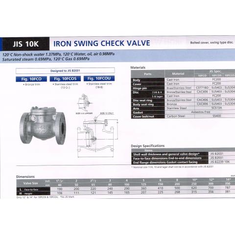 IRON SWING CHECK VALVE JIS10K 10FCO 10FCOS 10FCOU